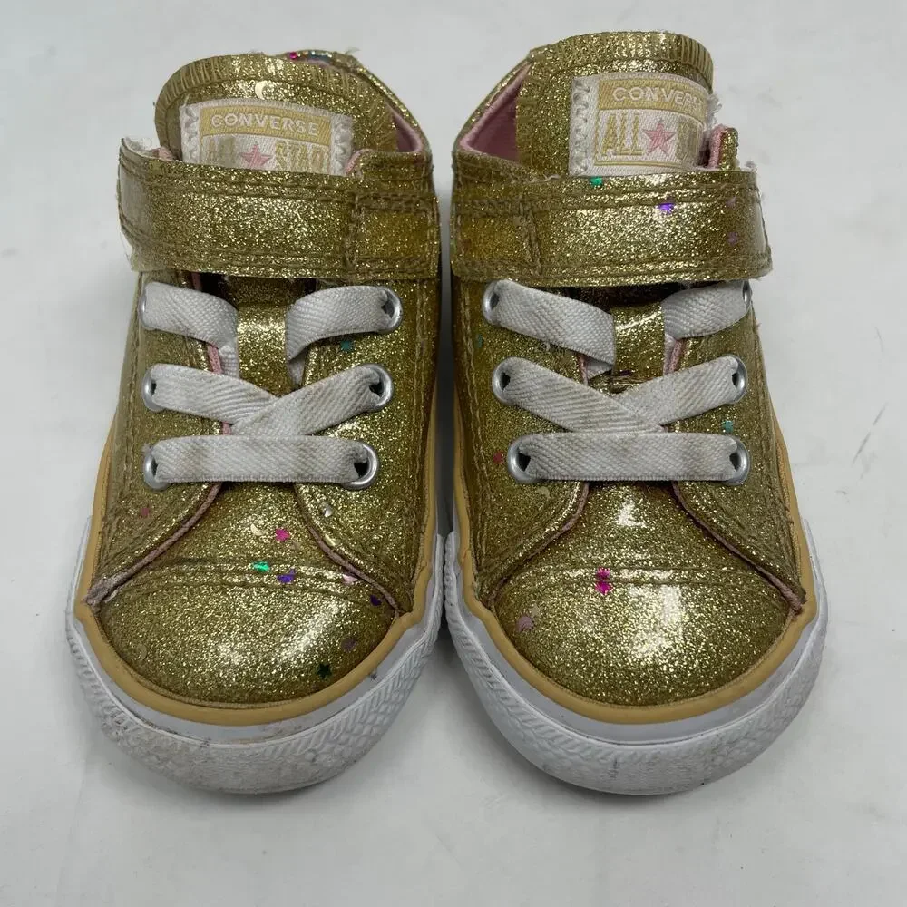 Converse Gold Sparkle Girl's Laces / Velcro Sneaker Tennis shoe 5